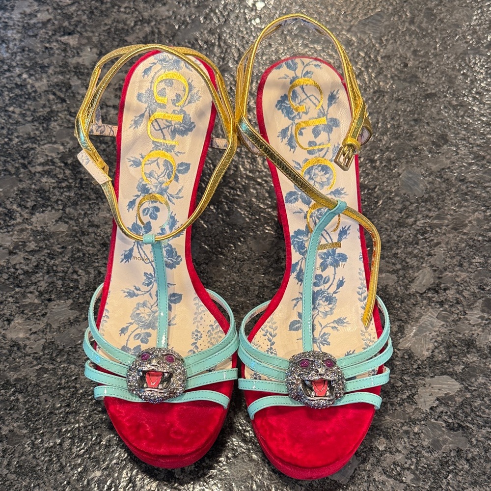 Gucci Wangy red velvet with crystal feline. Beautiful!!